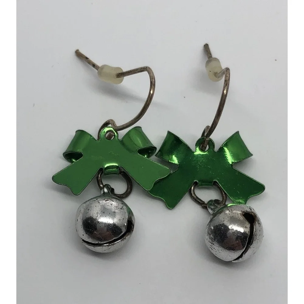 CHRISTMAS SILVER JINGLE BELLS, GREEN BOW FISH‎ HOOK BACK EARRINGS-SIZE SMALL
